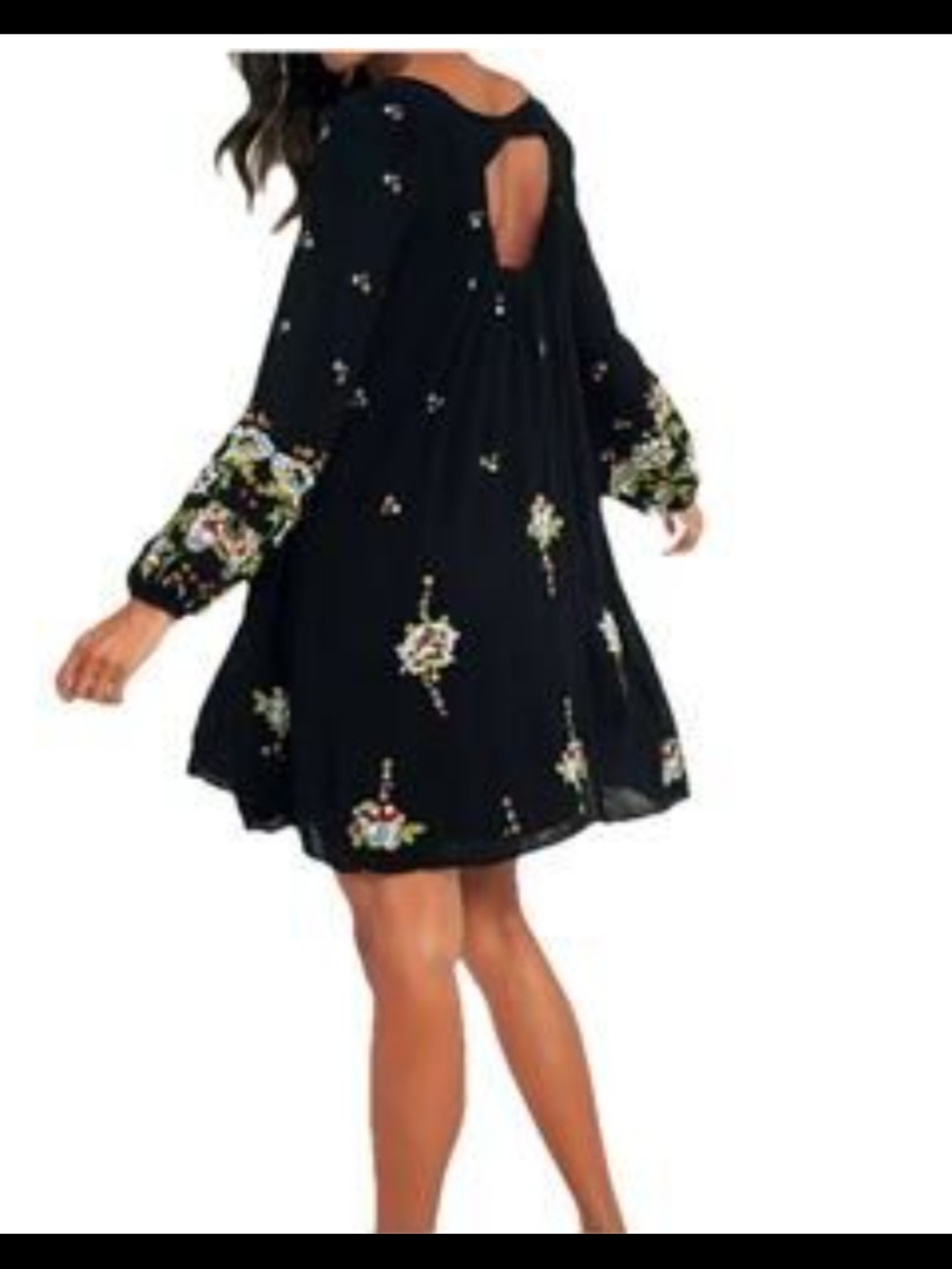 Free People Black Boho Floral  Open Back Mini Dress with Embroidered Details - Picture 3 of 11